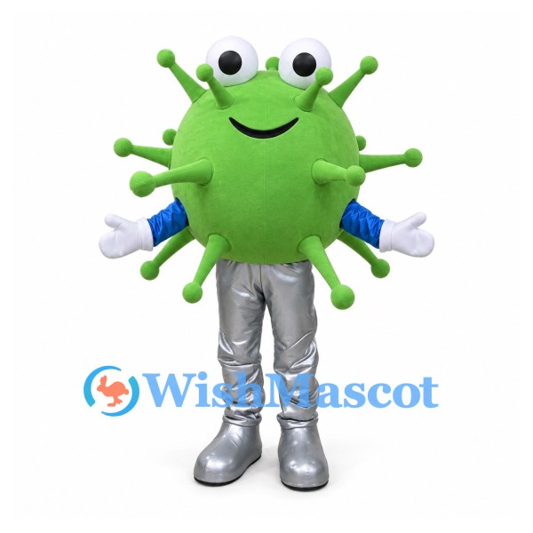 Germ Mascot Costume in Green with Three Eyes and Silver Boots