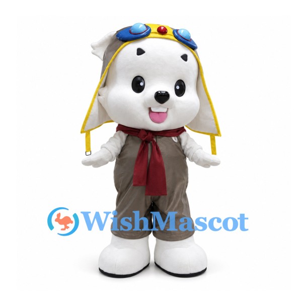 Dog Mascot Costume in White with Aviator Helmet and Red Scarf