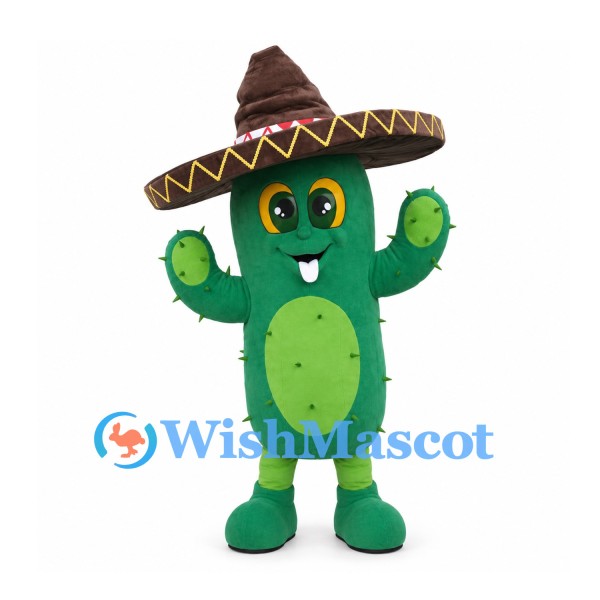 Cactus Mascot Costume in Green with Brown Sombrero