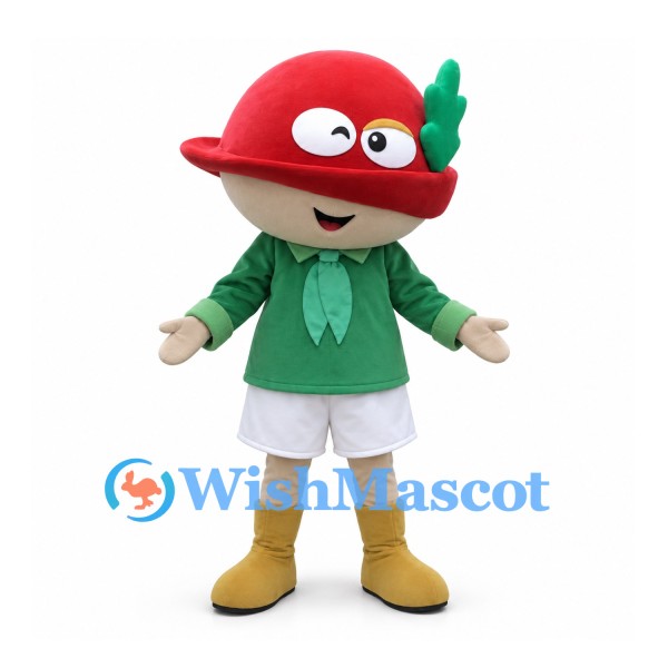 Mushroom Mascot Costume with Red Hat and Green Shirt