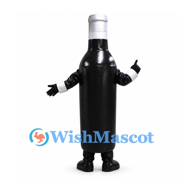 Bottle Mascot Costume in Black with Silver Cap and Bow Tie