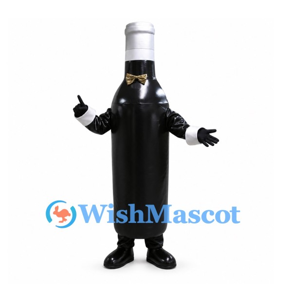 Bottle Mascot Costume in Black with Silver Cap and Bow Tie