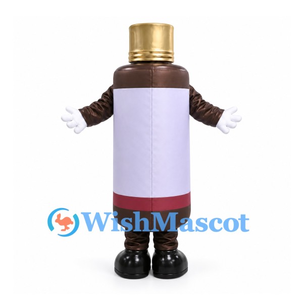 Medicine Bottle Mascot Costume in Brown with Gold Cap