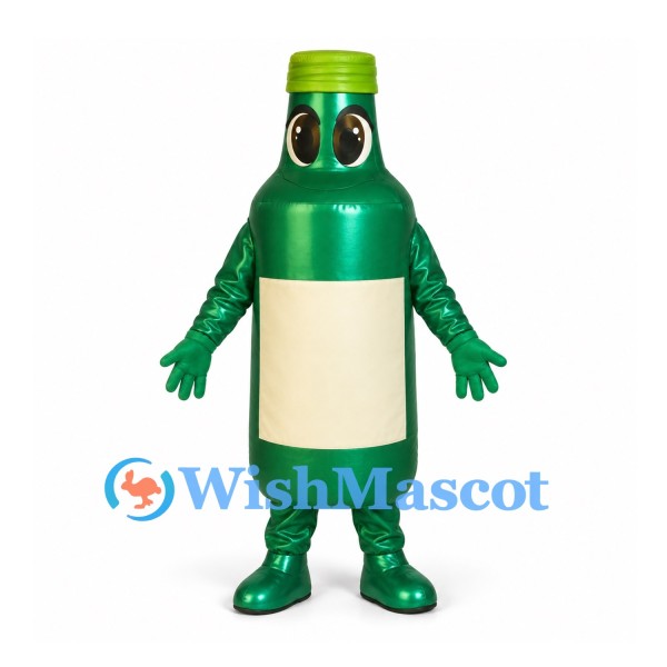 Bottle Mascot Costume in Green with Yellow Cap and Cream Label