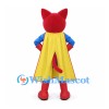 Cat Mascot Costume in Red with Blue Superhero Suit and Yellow Cape
