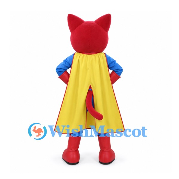Cat Mascot Costume in Red with Blue Superhero Suit and Yellow Cape