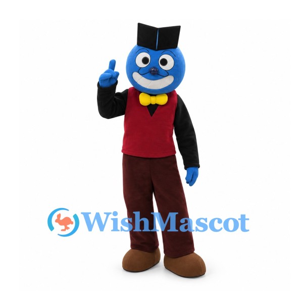 Blue Character Mascot Costume with Black Hat and Yellow Bow Tie