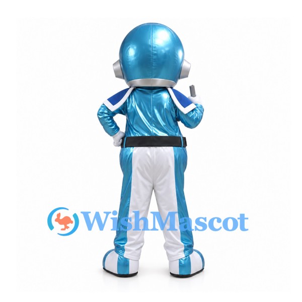 Robot Mascot Costume in Metallic Blue with Silver Visor