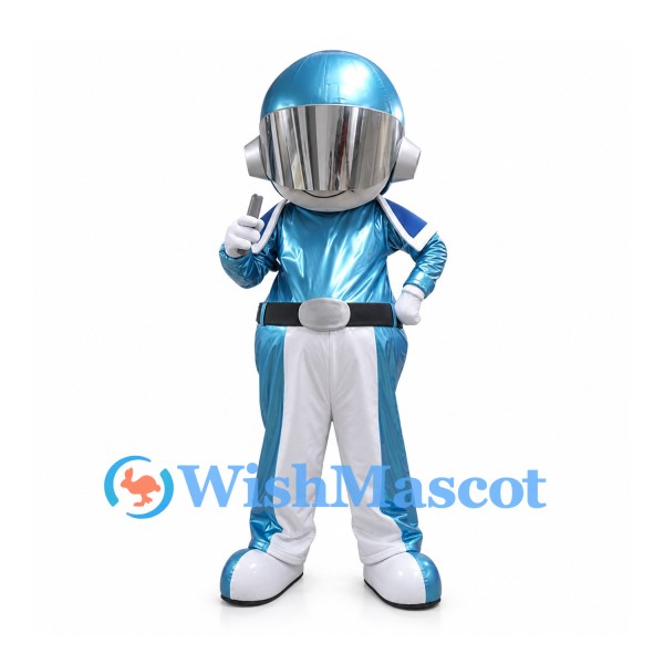 Robot Mascot Costume in Metallic Blue with Silver Visor
