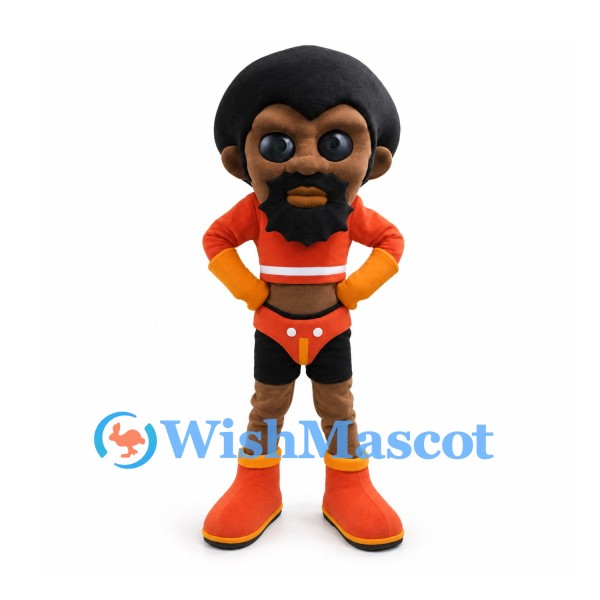 Bearded Man Mascot Costume with Red Shirt and Black Shorts