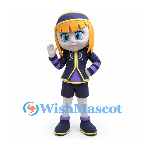 Girl Mascot Costume with Blonde Bob and Purple Uniform