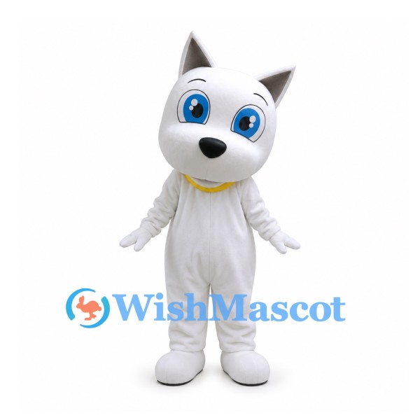 Dog Mascot Costume in White with Blue Eyes and Yellow Collar