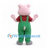 Pig Mascot Costume with Green Overalls and Red Shirt