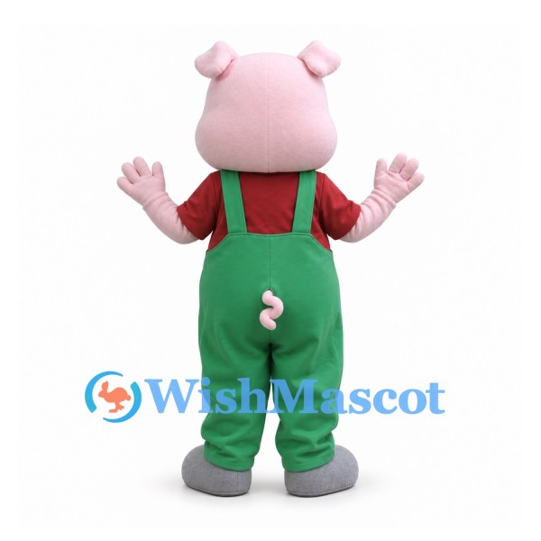 Pig Mascot Costume with Green Overalls and Red Shirt
