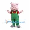 Pig Mascot Costume with Green Overalls and Red Shirt