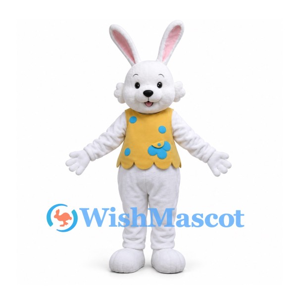 Rabbit Mascot Costume in White with Yellow Butterfly Vest