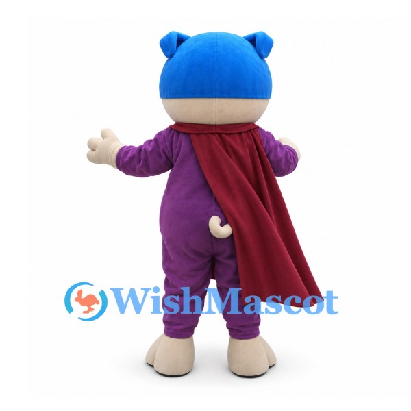 Bear Mascot Costume with Blue Hood, Purple Suit and Burgundy Cape