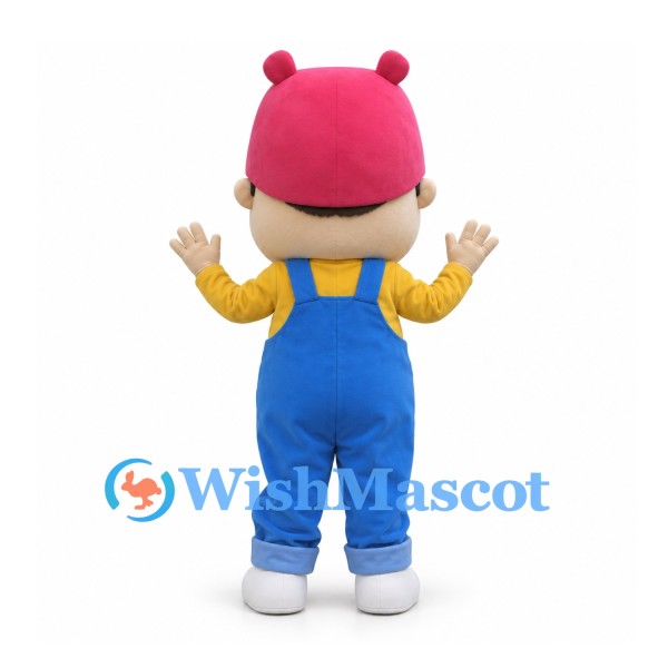 Boy Mascot Costume with Pink Animal Hat and Blue Overalls