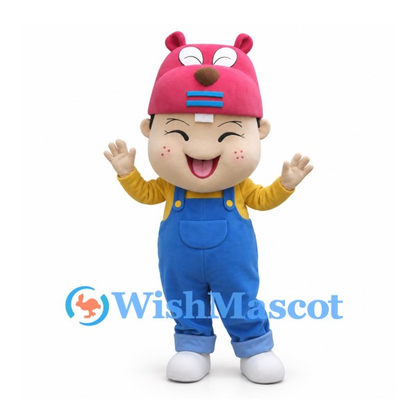 Boy Mascot Costume with Pink Animal Hat and Blue Overalls