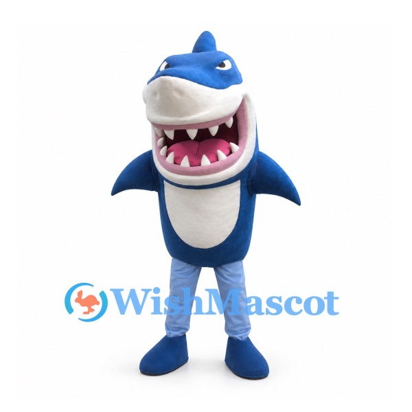 Shark Mascot Costume in Blue with Wide Toothy Mouth