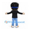 Man Mascot Costume with Black Spiky Hair and Black Jacket