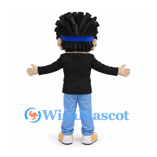 Man Mascot Costume with Black Spiky Hair and Black Jacket
