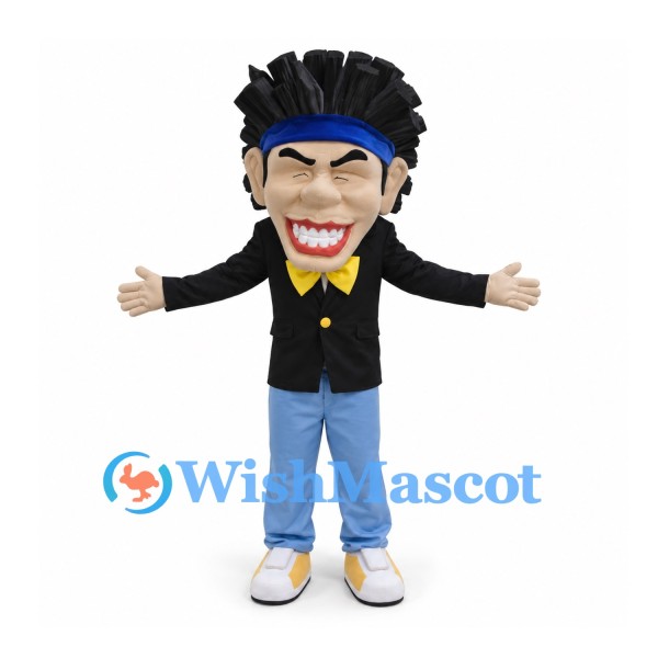Man Mascot Costume with Black Spiky Hair and Black Jacket