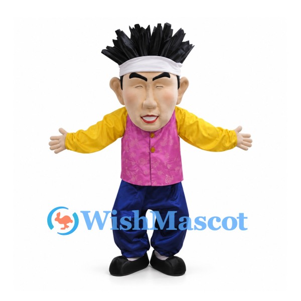 Man Mascot Costume with Black Spiky Hair and Pink Vest