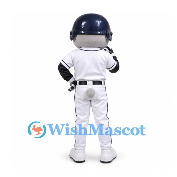 Raccoon Mascot Costume with White Baseball Uniform and Navy Helmet