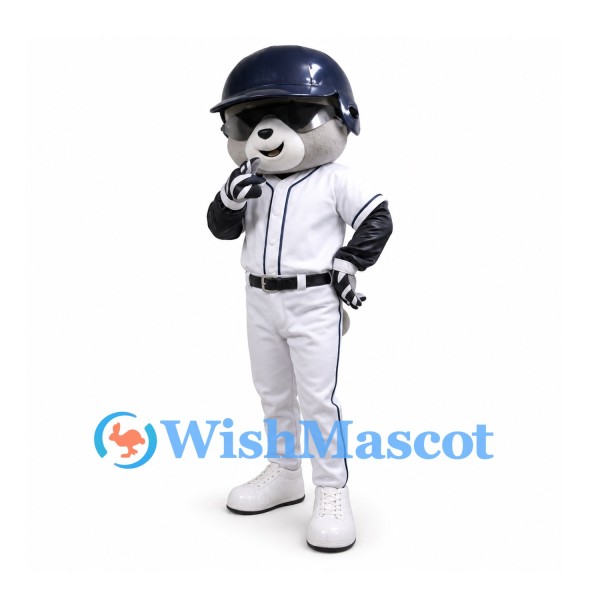 Raccoon Mascot Costume with White Baseball Uniform and Navy Helmet