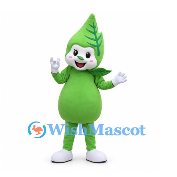 Leaf Mascot Costume in Green with Smiling Face