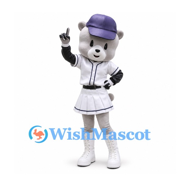 Raccoon Mascot Costume with White Baseball Dress and Purple Cap