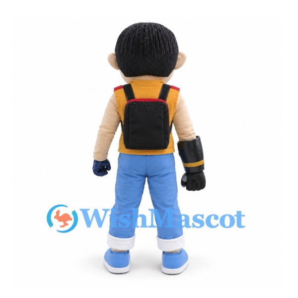 Adventurer Mascot Costume with Yellow Shirt, Blue Trousers and Backpack