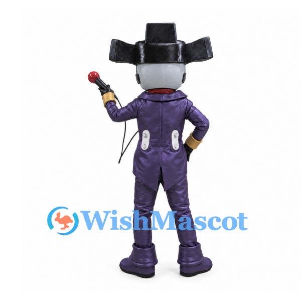 Robot Cowboy Mascot Costume with Black Hat and Purple Suit