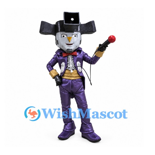 Robot Cowboy Mascot Costume with Black Hat and Purple Suit