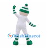 White Character Mascot Costume with Green Striped Hat and Sunglasses