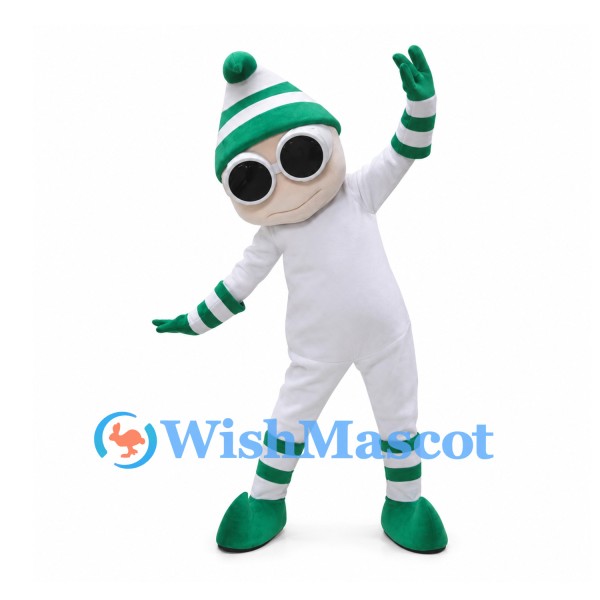 White Character Mascot Costume with Green Striped Hat and Sunglasses