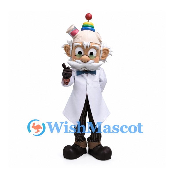 Scientist Mascot Costume with White Hair, Lab Coat and Gadget Hat