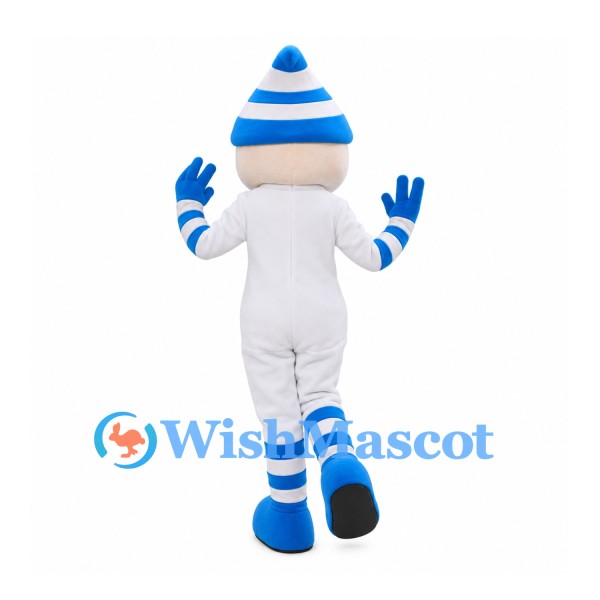 White Character Mascot Costume with Blue Striped Hat and Sunglasses