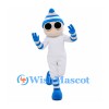 White Character Mascot Costume with Blue Striped Hat and Sunglasses