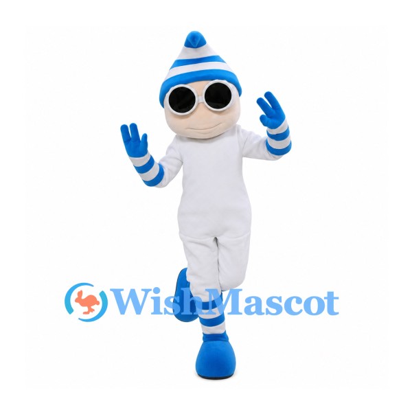 White Character Mascot Costume with Blue Striped Hat and Sunglasses