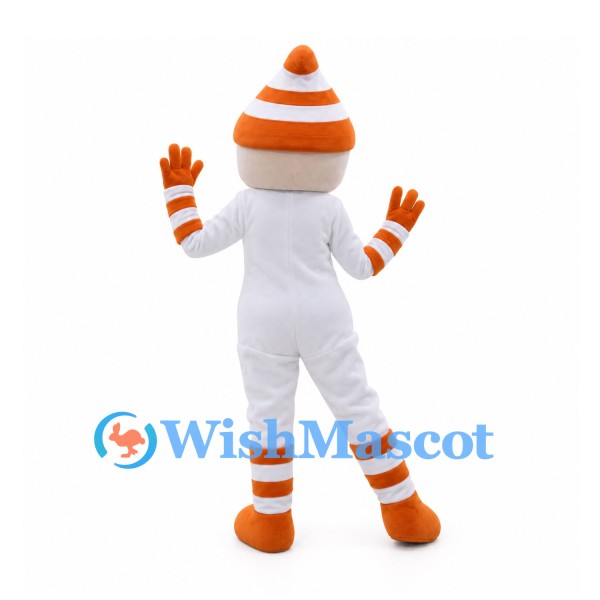 White Character Mascot Costume with Orange Striped Hat and Sunglasses
