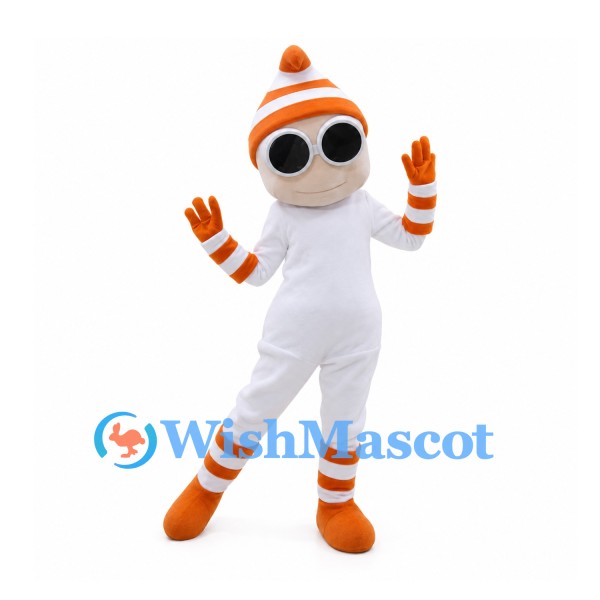 White Character Mascot Costume with Orange Striped Hat and Sunglasses