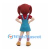 Girl Mascot Costume with Brown Pigtails and Teal Pinafore Dress