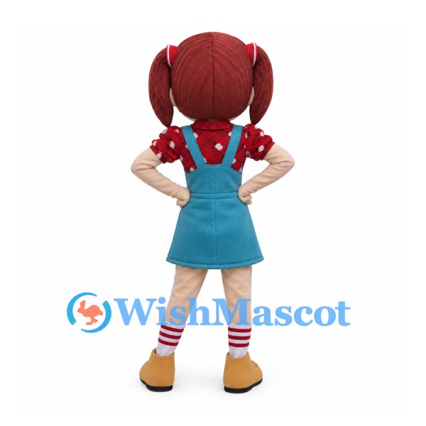 Girl Mascot Costume with Brown Pigtails and Teal Pinafore Dress