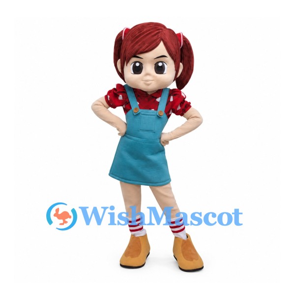 Girl Mascot Costume with Brown Pigtails and Teal Pinafore Dress