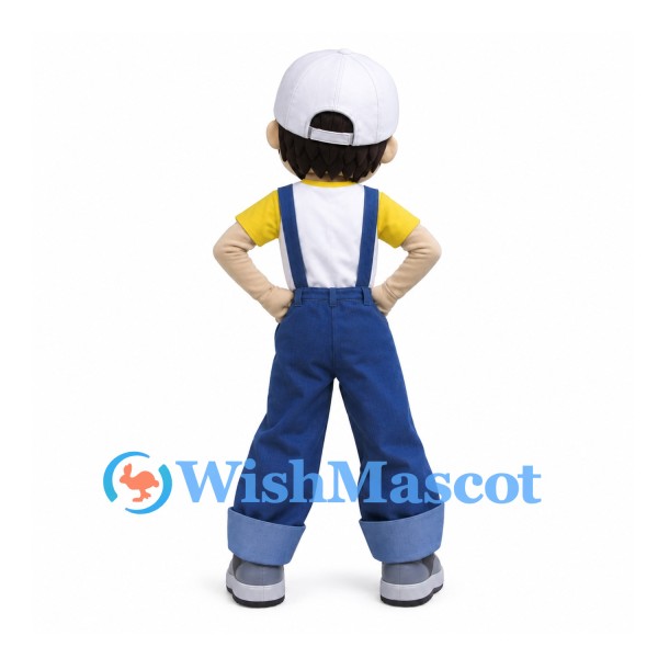 Boy Mascot Costume with White Cap and Blue Overalls
