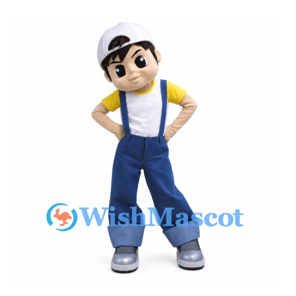 Boy Mascot Costume with White Cap and Blue Overalls