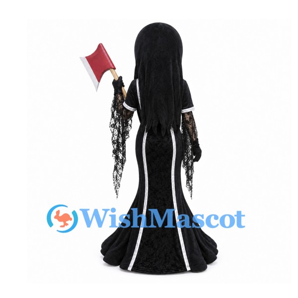 Gothic Woman Mascot Costume with Long Black Hair and Axe Prop