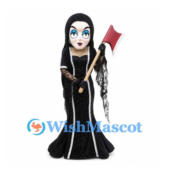 Gothic Woman Mascot Costume with Long Black Hair and Axe Prop